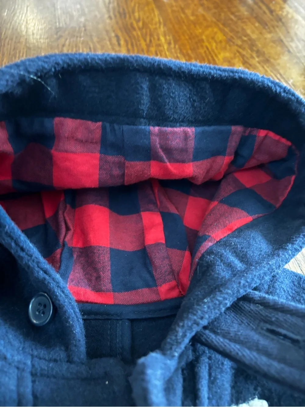 Baby GAP - Navy wool blend Pea Coat with Toggles and Red Plaid hood Lining